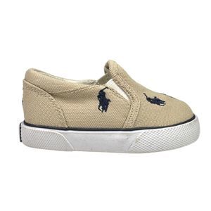 Polo Ralph Lauren Embroidered Navy Logo Khaki Canvas Slip Ons - Toddler 4